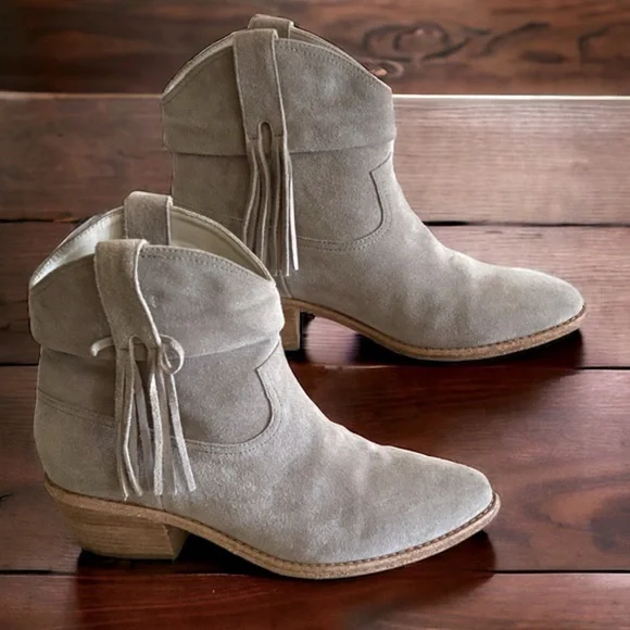 JOIE KEATON Suede Fringe Chelsea Western Boot 2”Heel Pull On Point Toe Size 38.5 - Picture 6 of 15